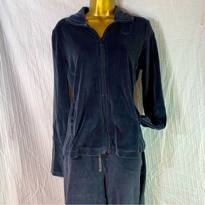 Calvin Klein Sz L Black Vintage Velour Tracksuit Satin Trim Zip Jacket Jogger